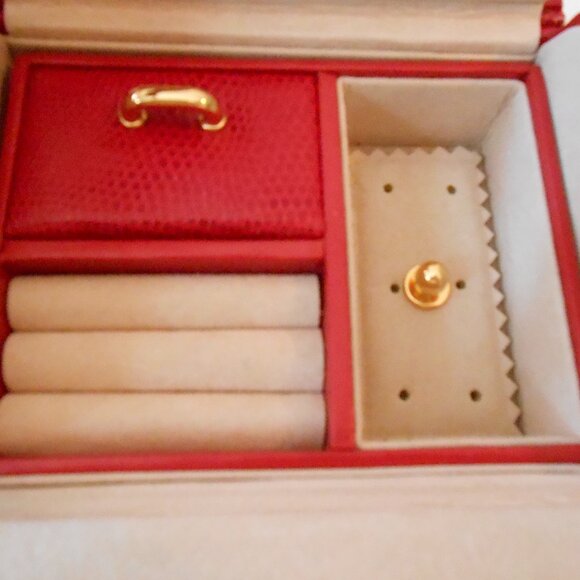 VTG Red Pebbled Leather Double Handled Jewelry Case-Divided Sections Mirror-Nice - Picture 8 of 10